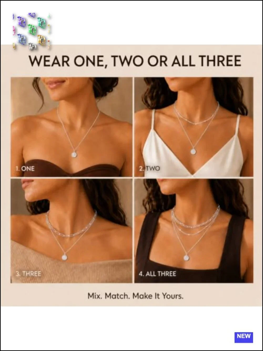 Layered Necklace Set - 3 Piece Silver Gold Paperclip Satellite CZ Pendant
